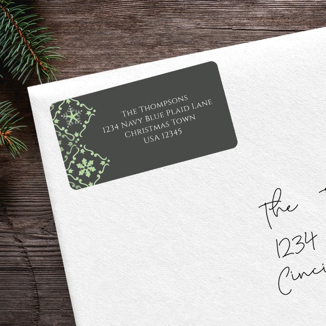 Green Snowflake Family Return Address  Label (Christmas green snowflake with a grey background return address label. )