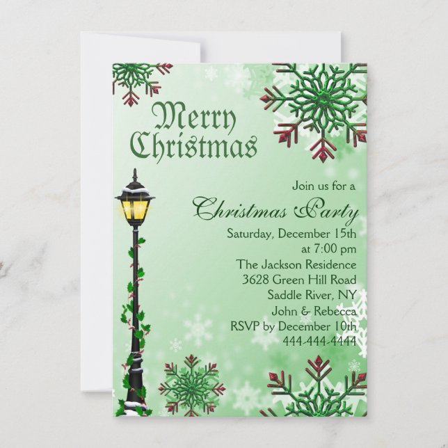 Green Snowflake & Light Christmas Party Invitation (Front)