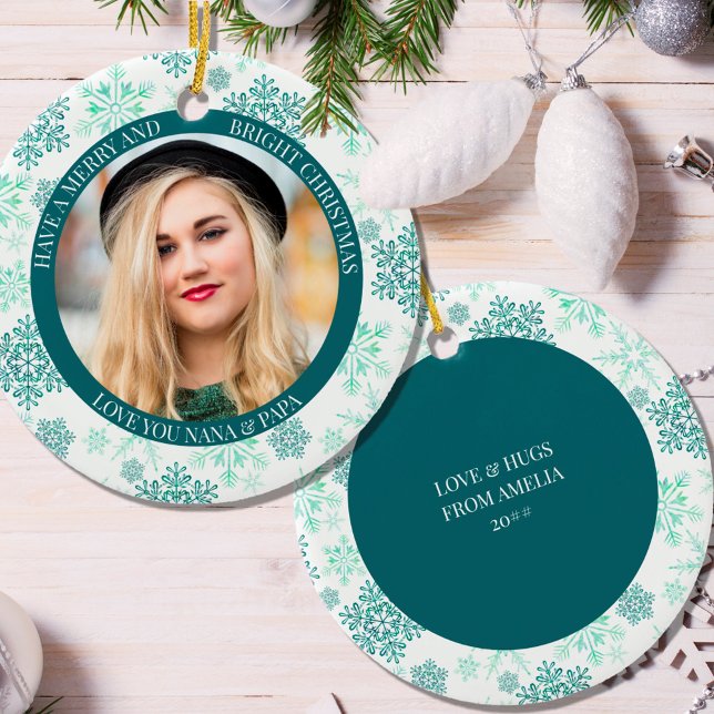 Green Snowflake Merry Bright and Christmas Photo Ceramic Ornament (Creator Uploaded)