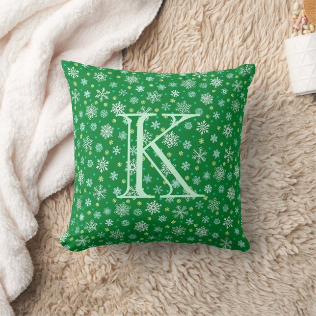 Green Snowflake Modern Elegant Typography Monogram Cushion (Blanket)