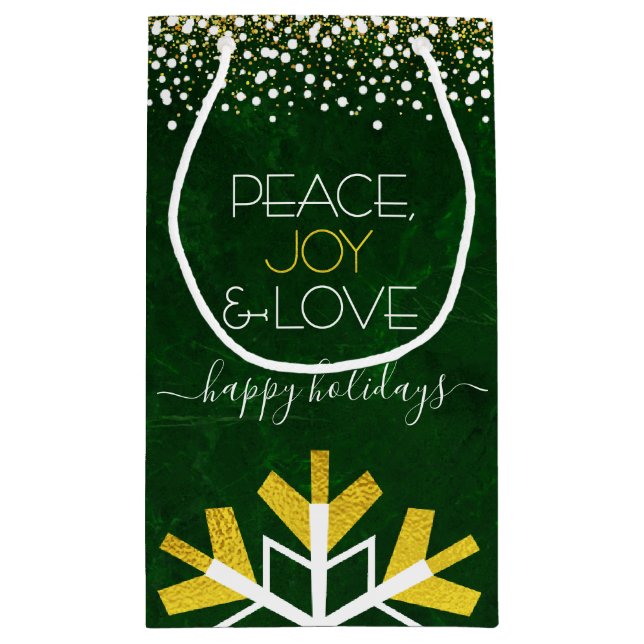 Green Snowflake Peace Joy Love Modern Typography Small Gift Bag (Back)
