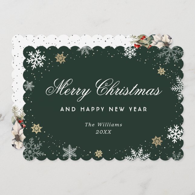 Green Snowflake Watercolor Botanical  Holiday Card (Front/Back)