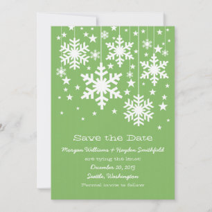 Green Snowflakes and Stars Save the Date Invite