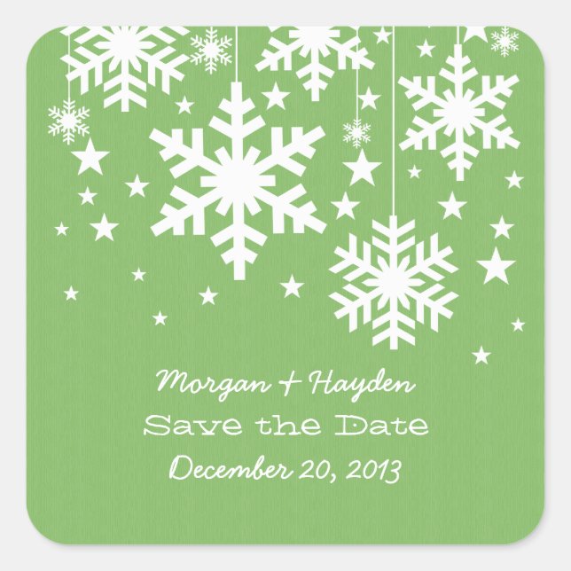 Green Snowflakes and Stars Save the Date Stickers (Front)