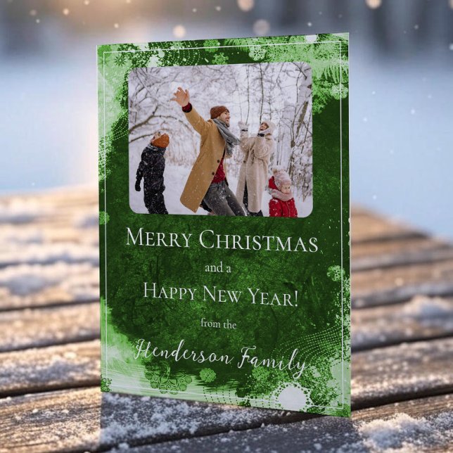 Green Snowflakes Flat Holiday Photo Card (Green Snowflakes Flat Holiday Photo Card)
