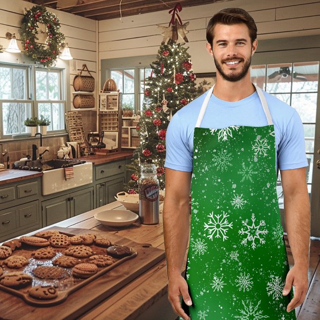 Green Snowflakes Pattern Festive Winter Holiday Apron (Creator Uploaded)