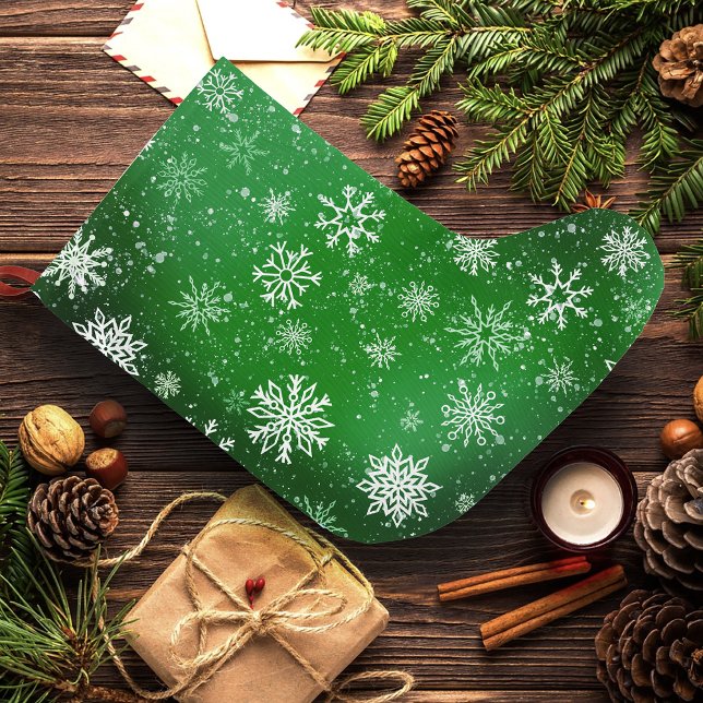 Green Snowflakes Pattern Festive Winter Holiday Large Christmas Stocking (Creator Uploaded)