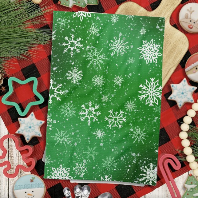 Green Snowflakes Pattern Festive Winter Holiday Tea Towel (Creator Uploaded)
