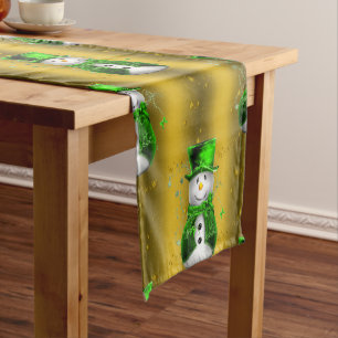 Green Snowman on Gold Christmas Short Table Runner