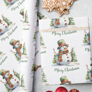 Green Snowman Pine Tree Gift Wrap