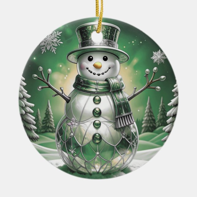 Green Snowman Snowflakes Holiday Ornament (Front)