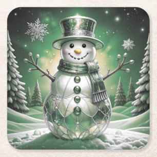 Green Snowman Snowflakes Holiday Paper Coaster