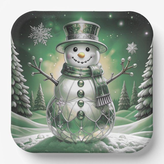 Green Snowman Snowflakes Holiday Paper Plate (Front)