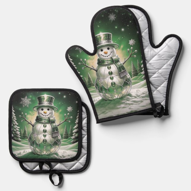 Green Snowman Snowflakes Oven Mitt & Pot Holder Set (Front/Back)