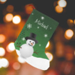 Green Snowman Winter Scene Christmas Stocking<br><div class="desc">Add a whimsical touch to your mantle this holiday season with a personalised Green Snowman Winter Scene Christmas Stocking. Stocking design features a happy snowman in a snowy wintry scene against a green background adorned with matching colour snowflakes. Additional gift and holiday items available with this design as well.</div>