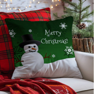 Green Snowman Winter Scene Christmas Throw Pillow