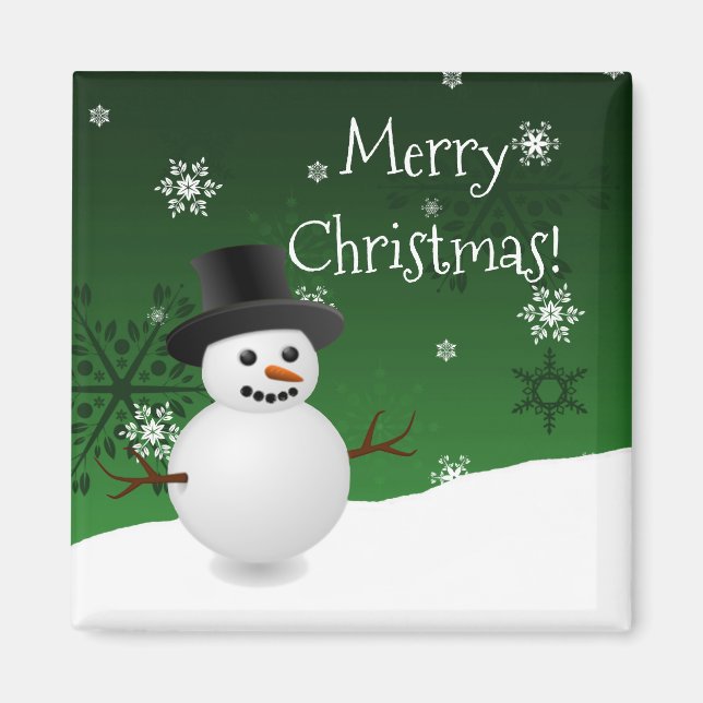 Green Snowman Winter Scenery Christmas Magnet (Front)