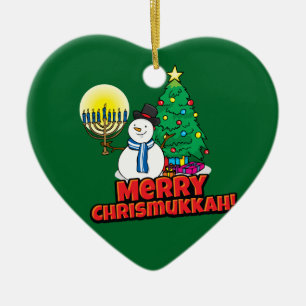 Green Snowman with Menorah Merry Chrismukkah Ceramic Tree Decoration