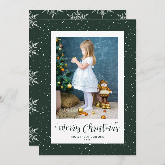 Green Snowy Snowflake Photo Merry Christmas Cards (Front/Back)