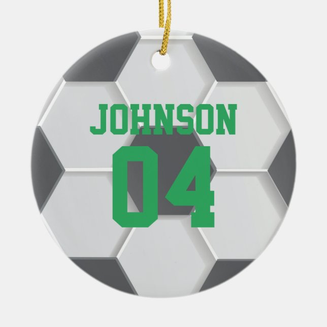 Green Soccer Ball Christmas Ceramic Ornament (Front)