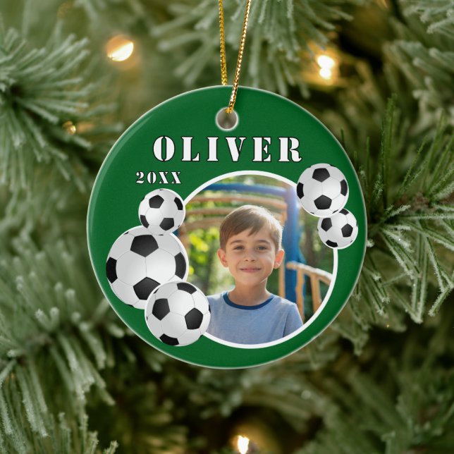 Green Soccer Ball Football Sports Photo Ceramic Ornament (Tree)