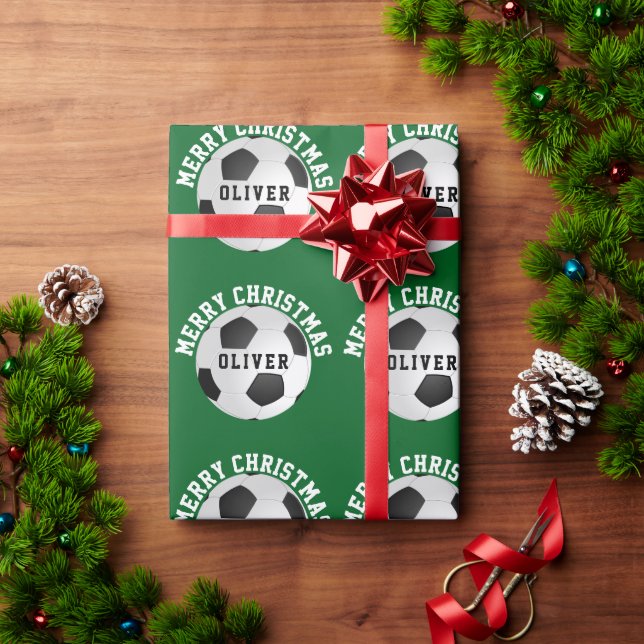 Green Soccer Football Balls Kids Name Christmas  Wrapping Paper (Holiday Gift)