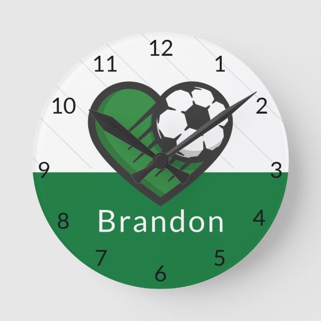 Green Soccer Love Kids Players Name & Ball Striped Round Clock (Front)