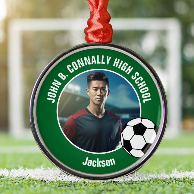 Green Soccer Player Photo High School Christmas Metal Ornament (Creator Uploaded)