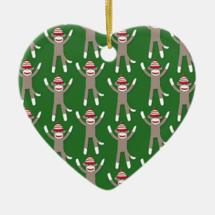 Green Sock Monkey Print Ceramic Tree Decoration