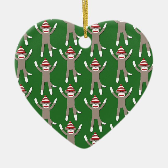 Green Sock Monkey Print Ceramic Tree Decoration (Front)