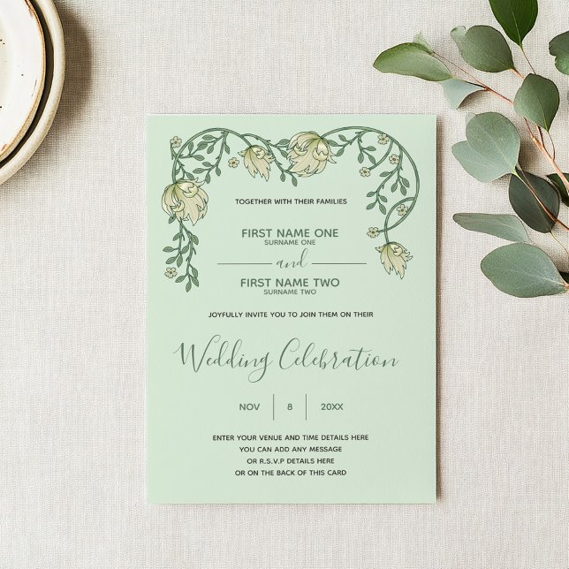 Green soft floral Art nouveau wedding invitation (Art nouveau wedding invitation with green script and vintage style floral top frame)