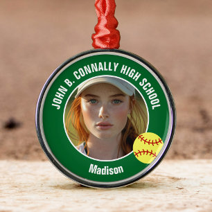 Green Softball Player Photo High School Christmas Metal Ornament