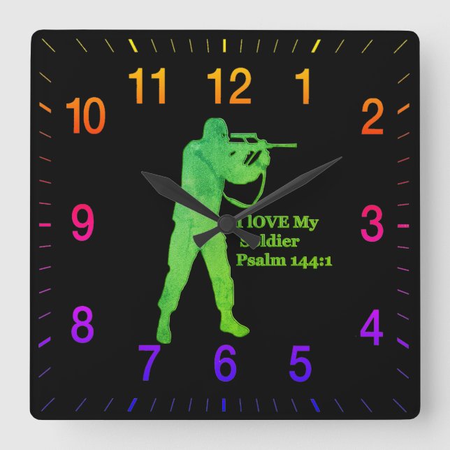 Green solder sniper with rainbow numbers square wall clock (Front)