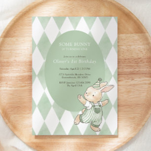Green Some Bunny Is Turning One 1st Birthday Invitation