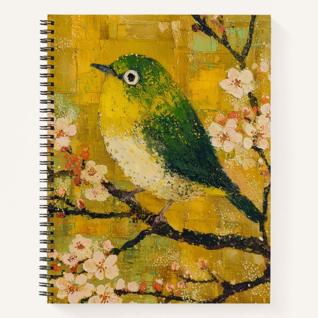 Green Songbird Cherry Blossom Spiral Notebook (Front)