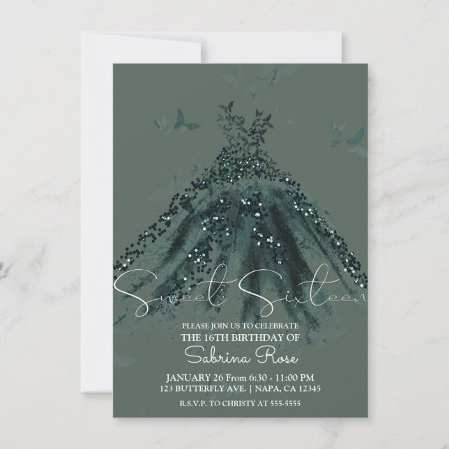 Green Sparkle Butterfly Dance Dress Sweet 16 Party Invitation (Front)