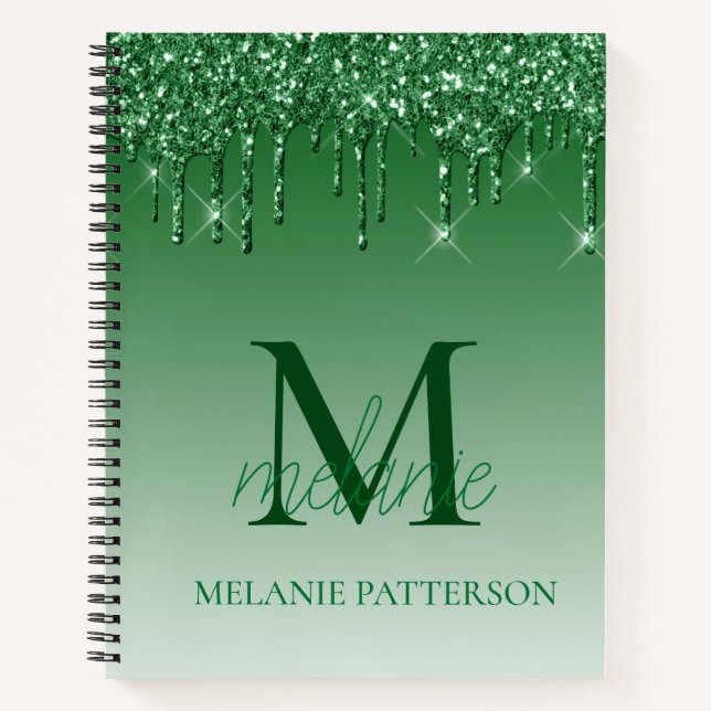 Green Sparkle Glitter Drip Monogram Script Name Notebook (Front)