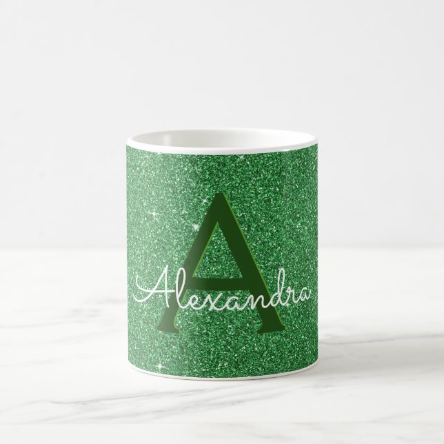 Green Sparkle Glitter Monogram Name & Initial Coffee Mug (Center)