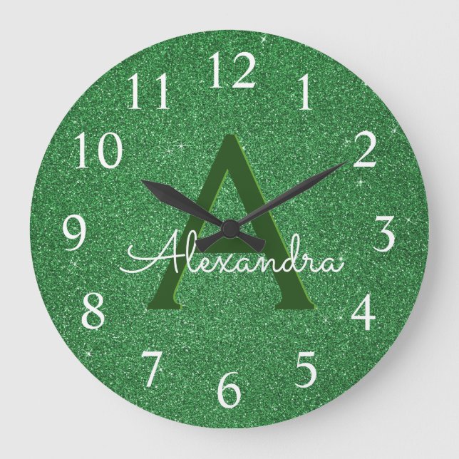 Green Sparkle Glitter Monogram Name & Initial Large Clock (Front)
