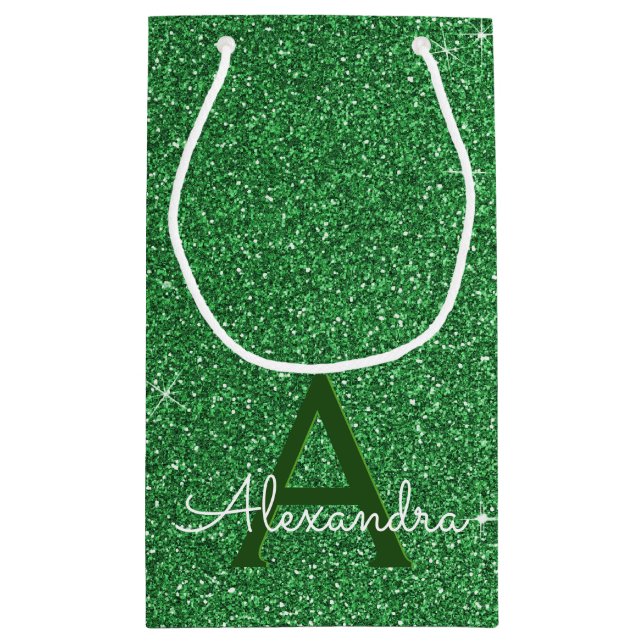 Green Sparkle Glitter Monogram Name & Initial Small Gift Bag (Back)