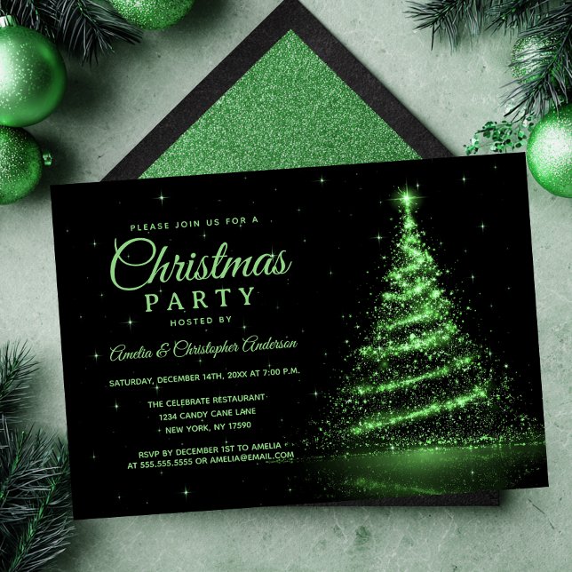 Green Sparkle Light Tree Christmas Party Invitation (Creator Uploaded)
