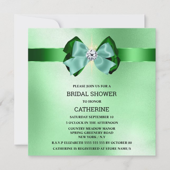 Green sparkle sage bow diamond shimmer lights invitation (Front)