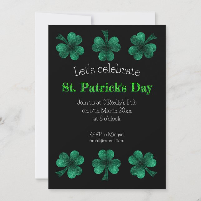 Green Sparkle Shamrock black St Patrick Day Invitation (Front)