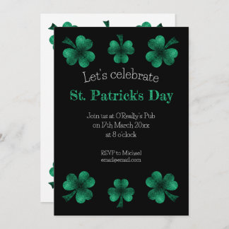 Green Sparkle Shamrock St. Patrick's Day Black Invitation