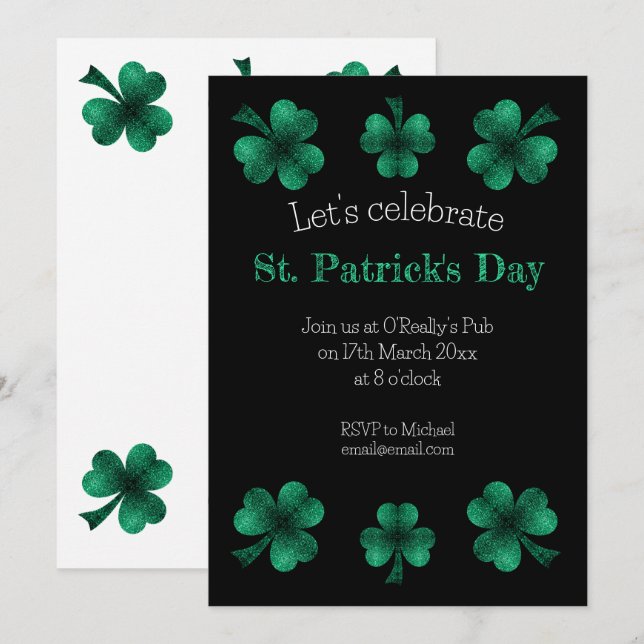 Green Sparkle Shamrock St. Patrick's Day Black Invitation (Front/Back)