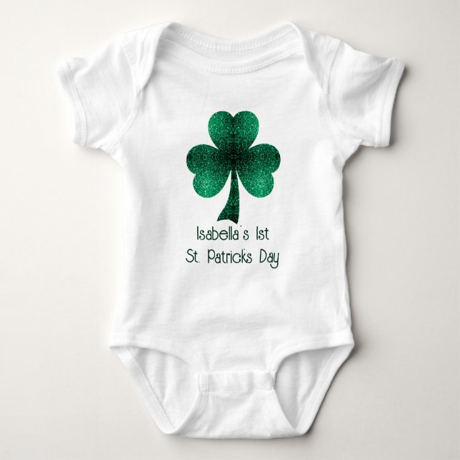 Green Sparkles Shamrock 1st St Patricks Day Name Baby Bodysuit (Front)