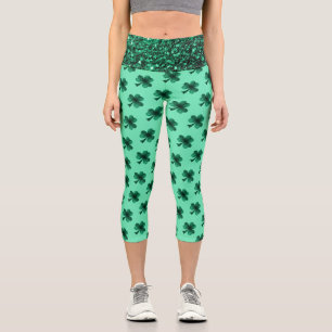 Green Sparkles Shamrock St. Patrick' Day pattern Capri Leggings
