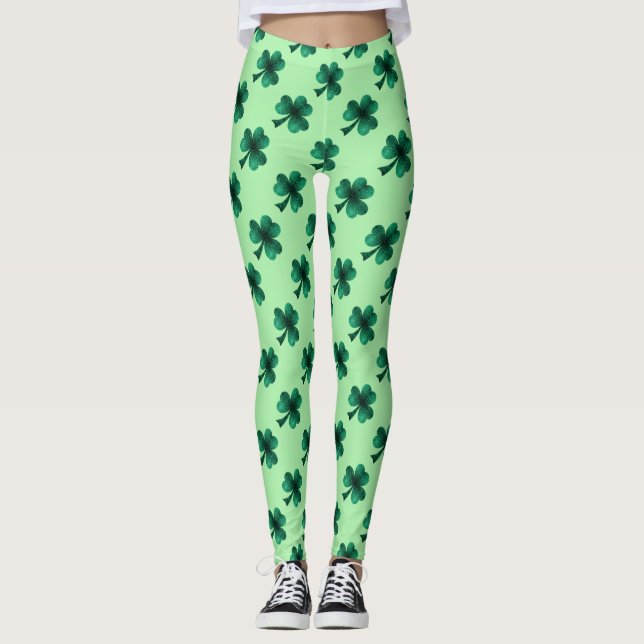 Green Sparkles Shamrock St. Patrick' Day pattern Leggings (Front)