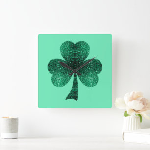 Green Sparkles Shamrock St. Patrick' Day turquoise Square Wall Clock