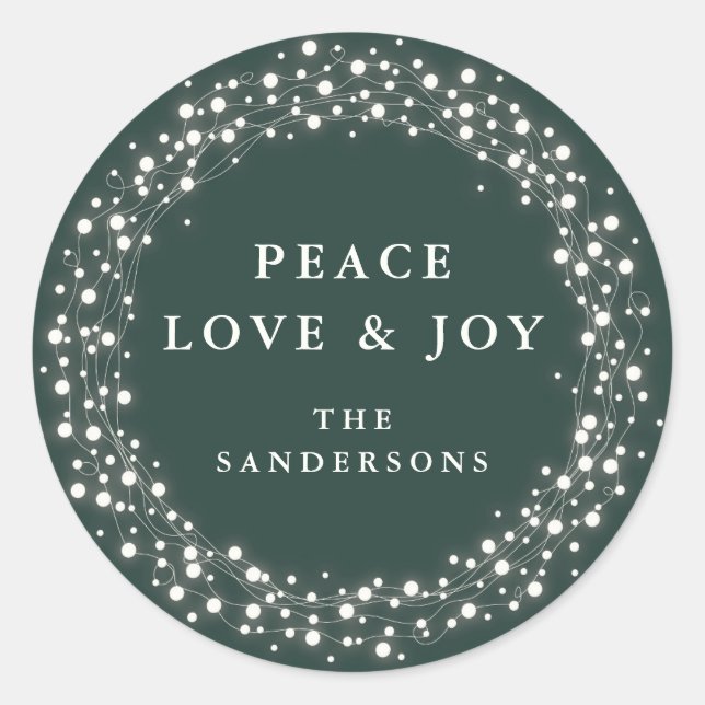Green Sparkling Lights Peace Love + Joy Christmas Classic Round Sticker (Front)